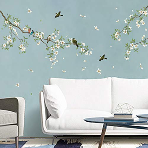 decalmile Stickers Muraux Oiseaux sur Branche Arbre Autocollant Mural Fleurs Blanc Décoration Murale Chambre Enfants Salon