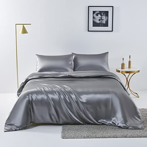Chanyuan 2 TLG.Grau Seide Satin Bettwäsche Set | Bettdeckenbezug 155x220 cm mit Kopfkissenbezug 80x80 cm | Anthrazit | 2 teilig Bettgarnitur | Baumwolle Bettbezug mit Reißverschluss