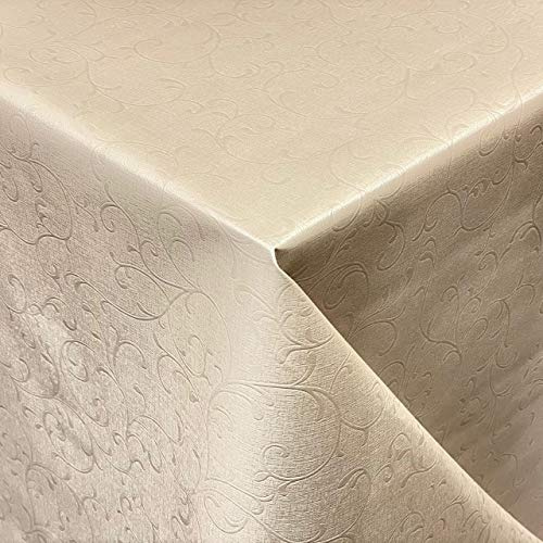 KEVKUS Wachstuch Tischdecke Damast geprägt 03038-08 Blumen Ornamente floralCreme Champagner beige eckig rund oval (Rand: Paspel (mit Kunststoffband), 100 x 120 cm eckig)
