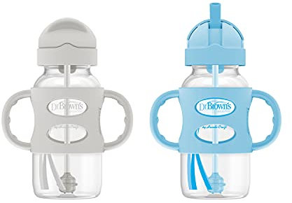 Dr. Brown's Milestones Wide-Neck Sippy Straw Bottle with 100% Silicone Handles and Weighted Straw, 9 oz/270 mL, Gray & Blue, 6m+