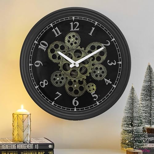 CLXEAST 38,5 cm Wanduhr mit echten beweglichen Zahnrädern, Vintage Industriestil Steampunk Wanduhr, Metall Schwarze Wanduhr für Wohnzimmerdekoration, Küche, Home Office.