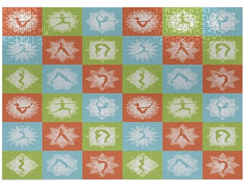 ABAKUHAUS Yoga Jigsaw Puzzle, Mind and Body Theme Different Yoga Poses with Lotus Flower Motifs Colorful, Heirloom-Quality Fun Activity for Family Durable Cardboard, 1000 pcs, Orange Green Sky Blue
