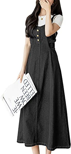 Yishengwan Donna Salopette Gonna Lunga Jeans Vestito Salopette Overall Senza Maniche Denim Vestiti Nero Grigio S