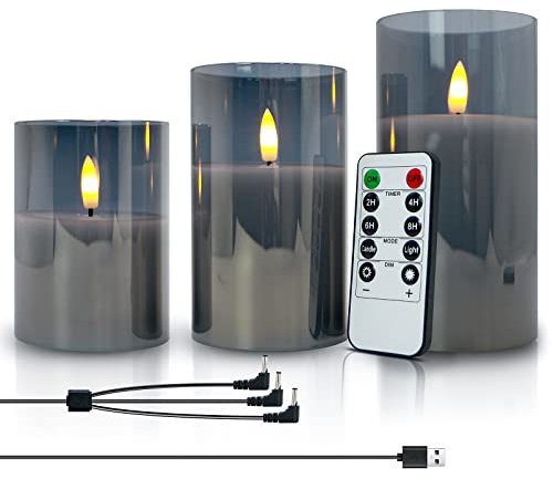 SHEDALED Rechargable Flameless Candles with Timer & Remote Control, Built-in Battery LED Candle, Gray Glass Candles Gift Set, Set of 3 Pillar Flickering Candle of 4.1 5.1 6.1 for Home Decor