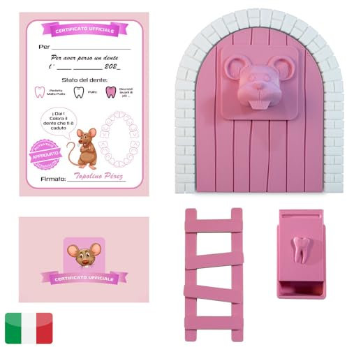 Myfuturshop® Ratoncito Pérez Puerta mágica, Caja para el Diente, Escalera, 4 certificados de Diente Limpio. Regalo Original para niño y niña. VERSION ITALIANA (ROSA)