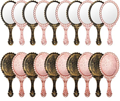 Handspiegel im Vintage-Stil, 24,9 cm L x 11,4 cm B, tragbar, geprägte Blume, Retro-Kompaktspiegel mit Griff, für Damen, Gesicht, Make-up, Reisen (Vintage, Roségold), 20 Stück