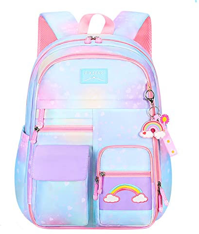 Myyunhx Kawaii Rucksack für Mädchen - Gradientenregenbogen Mittelschule Büchertasche Mit Regenbogenanhänger - Kühlschranktür Design (Blau)