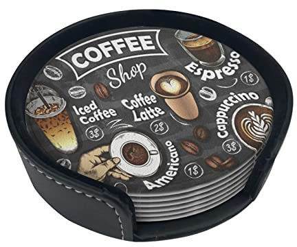 Cafe Menu Kaffeebohnenbecher, für Tassen und Becher, Tischschutz, runde Untersetzer, Pu-Getränkeuntersetzer mit Halter, lustige runde Tassenunterlage