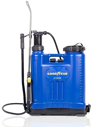 Goodyear - Mochila Pulverizadora Manual 16L, Presión de Trabajo 1'4-2 Bar, Lanza de Acero Inoxidable, Boquillas Regulables, Pulverizador de Jardín para Fertilizantes y Pesticidas