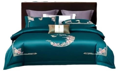 DRMEE Bettwäsche Luxuriöses 4-teiliges Set Aus Baumwolle, Bettlaken, Bettbezug Mit Kissenbezug, Stickerei, Satin-Bettwäsche Bettwäsche-Set (Color : Grün, Size : 1.5/1.8m Bed)