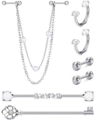 AceFun 7 Stück Knorpel Ohrstecker Chirurgenstahl Helix Piercing Industrial Piercing Industrial Ohrringe Doppelknorpel Ohrringe mit Kette Dangle für Damen Herren