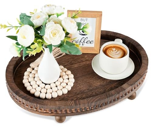 Wooden Decorative Tray-16×11.8in Wood Beaded Coffee Table Decor Tray, Rustic Farmhouse Decor Tray for Living Room, Bathroom, Kitchen Dining Table, Serving Tray Home Decor