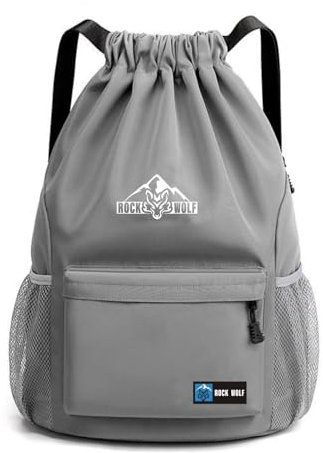 ROCK WOLF Mochila Saco Gym Impermeable | Mochila de Cuerdas Deporte para Hombre, Mujer y Niños | Bolsa de Cuerda Natación Piscina, Yoga, Viaje | Con Bolsillo Cremallera (GRIS)