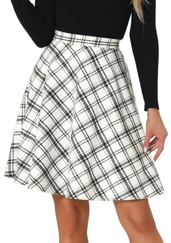 Allegra K Damen Plaids Vintage Tartan Elastische Taille Knielang A-Linie Rock, Weiss/opulenter Garten, Mittel