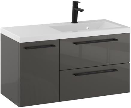 Furni Rosen 90 cm Hängend Waschbecken mit Unterschrank und Stilvollen und Mattschwarzen Griffen Waschbeckenunterschrank Badezimmer Waschtisch mit Unterschrank Waschtischunterschrank