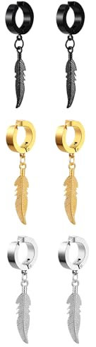 Flongo Fake Ohrringe ohne loch: Damen Huggie Hoop Feder ohrclips schwarz gold silber Creolen ohne ohrloch Feather Ohrklemme Ohr Clips Earrings Gothic Edelstahl wikinger Schmuck Geschenk Frauen Herren