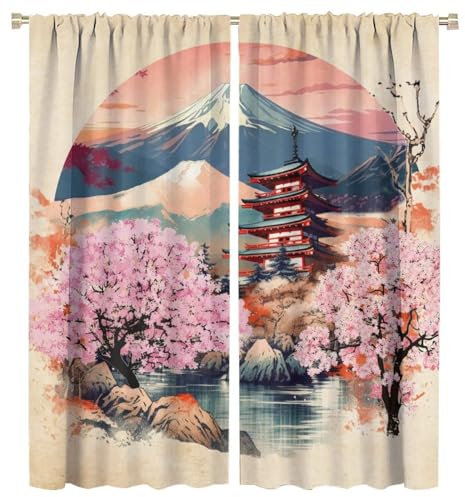 COALHO Lot de 2 panneaux de rideaux vintage japonais japonais avec passe-tringle, paysage naturel, fleurs de cerisier, rideaux de traitement de fenêtre à isolation thermique avec passe-tringle, 160 cm