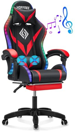HOFFREE Gaming Chair Massage with Bluetooth Speakers and Led Lights Ergonomic Computer Gaming Chair with Footrest RGB Video Game Chair with High Back Lumbar Support Red and Black