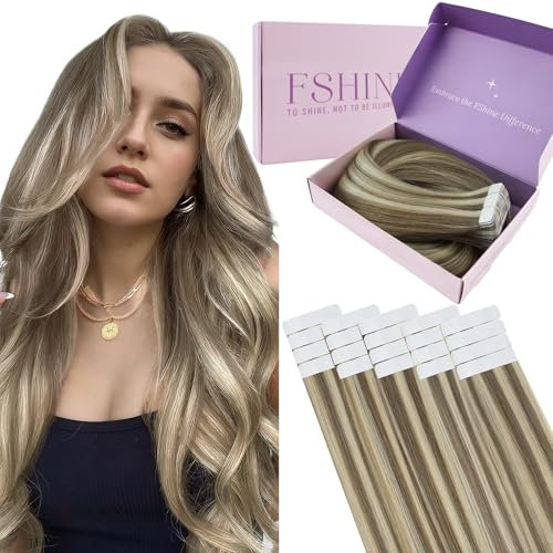 Fshine Tape in Extensions Echthaar 45cm 20 Stücke 50g Echthaar Extensions Tape Aschbraun Highligh Platinblond Klebe HaarverlängerungFarbe 8P60