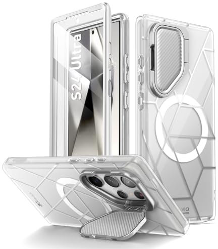 i-Blason Cosmo for Samsung Galaxy S24 Ultra Case with Camera Cover Stand, [Support MagSafe] Stylish 360 Full Case with Screen Protector & Kickstand Magnetic Phone Case for S24 Ultra, Clear