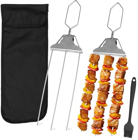 3 Way Grill Skewers, 2PCS BBQ Metal Skewer, 3-Prong Stainless Steel Grill Skewers with Barbecue Accessories for Outdoor Grill, 3 Way Kebabs Skewers Forks for Grilling, Easy to Use Push Bar Slider