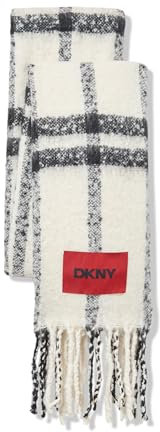 DKNY Damen Plaid Fluffy Blanket Scarf with Eyelash Fringe Modischer Schal, Elfenbein, Einheitsgröße