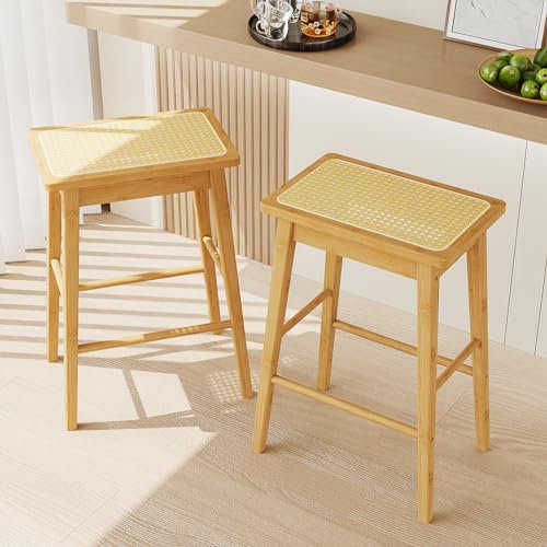 Bamworld Barhocker, 2er-Set, Thekenhöhe, Küchenhocker, 61 cm, Barhocker, rückenfrei, Boho, Mitte des Jahrhunderts, Rattan-ähnlicher Thekenhocker, natürlicher Bambus