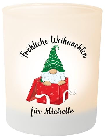 Weihnachts-Geschenk: Wichtel Teelichthalter personalisiert mit Namen – Teelichtglas Windlicht Weihnachtsdeko - Geschenk Weihnachten für Freunde Kollegen Familie (Fröhliche Weihnachten grüner Wichtel)