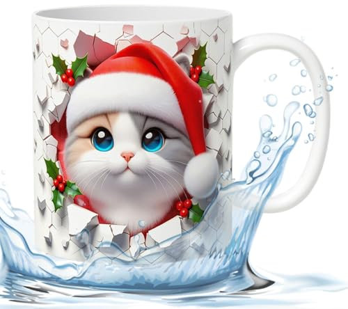 Taza de café 3D con diseño de gato navideño, taza de café de cerámica para vacaciones, sombrero de Navidad, tazas de café expreso de 350 ml para familiares, niños, amigos, colegas