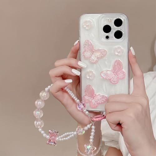 Bakicey Kompatibel mit iPhone 7 Plus Hülle,3D-Schmetterling Blume Laser Aurora Durchsichtig TPU Schutzhülle mit Süße Perlenarmband Mädchen Kratzfest Case Cover für iPhone 7 Plus,Rosa