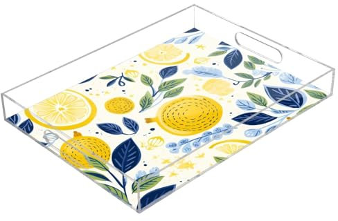 Yellow Lemon Blue Leaves Clear Acrylic Tray with Handles Clear Acrylic Trays 12 x 16 Clear Bed Tray Spill-Proof