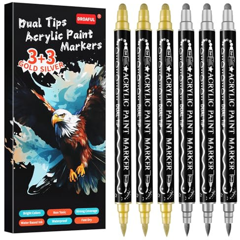 Acrylstifte Metallic Markers Stifte Wasserfest, 6 Gold Silber Spülmaschinenfest Bemalen für Steinen, Porzellan, Glas, Leinwand, Keramik, Holz, Metall, Schnelltrocknend, Ungiftig und Geruchsneutra
