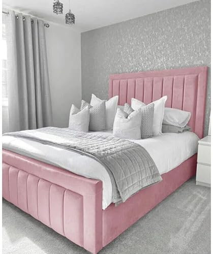 home Interior Chesterfield Plush Velvet Border Panal Bed Frame - Mattress/Gas Lift Options - UK Made (Pink Plush, Double 4ft6 Bed Frame)
