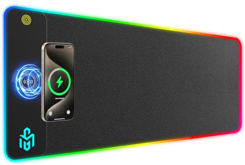 GIM PU Leather Wireless Charging RGB Gaming Mouse Pad 15W, LED Mouse Mat 800x300x4MM, 10 Light Modes Extra Large Mousepad Non-Slip Rubber Base Computer Keyboard Mat for Gaming (Black-PU)