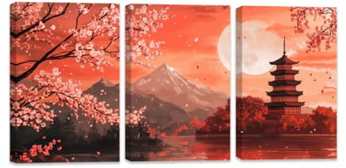 ZQQART Cherry Blossom Canvas Wall Art Set of 3 Japanese Mount Fuji Picture Cherry Blossom Tree Paintings Prints Asian Landscape Decor Framed(Orange,16.00x24.00x3Pcs)