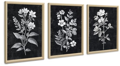 3Pcs Boho Neutre Blanc Floral Plante Tableau Décoration Murale Salon Noir Vintage Minimaliste Botanique Fleurs Impression sur Toile Image sur Toile Peintures Décor Murale pour Chambre Maison 30x40cmx3
