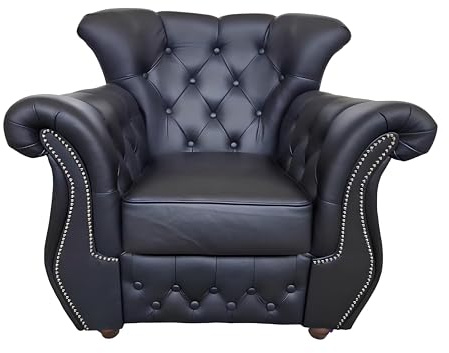 FIRLEY-DESIGN Sessel Chesterfield London, Ledersessel mit Knopfheftung, Einzelsessel mit Weich Gepolsterten Armlehnen, Pflegeleichter Relaxsessel für Wohnzimmer, Büro, Praxis, Kanzlei & Hotel, Schwarz