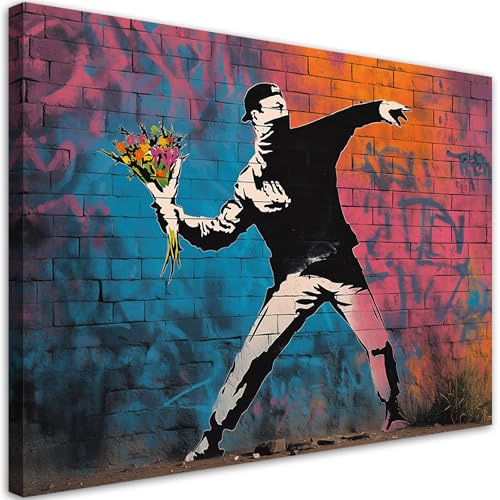 Feeby Leinwand Bilder - Bild Wohnzimmer - Banksy Blumenkaster - 30x20 1tlg - Deko Schlafzimmer Groß - Dekoration Canvas - Gemälde - Modern Wandbilder - Kunstdruck