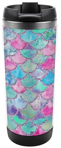 Qjjinxior 13oz/380ml Stainless Steel Insulated Travel Coffee Cup, Rainbow Watercolor Scales of Mermaid Travel Mug with Leakproof Lid, Non-Slip Bottom