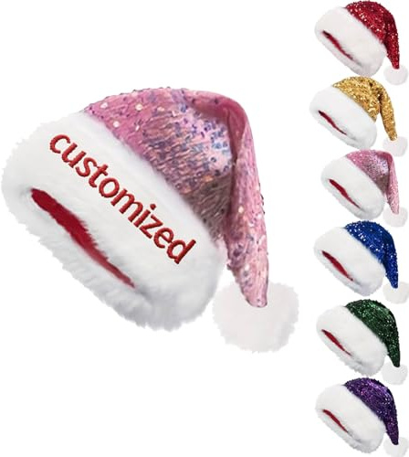 Generisch Custom Weihnachten Pailletten Santa Hut, Personalisierte Funkelnde Weihnachten Pailletten Hut mit Namen für Erwachsene, Weihnachtskostüm Fancy Kleid Zubehör