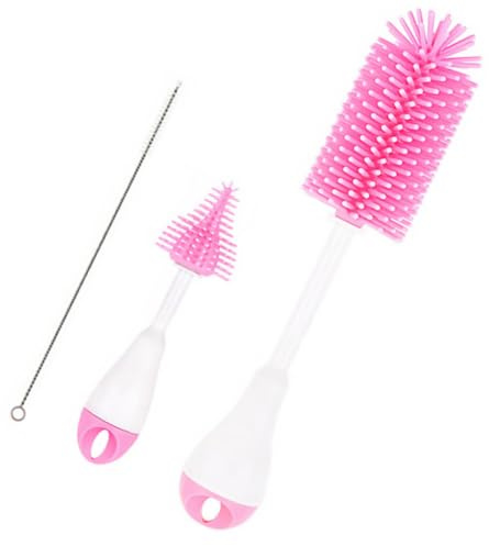 SOPOTUTU Feeding Bottle Brush with Rotating Straw and Pacifier Cleaning Brushes Long Handle for Deep Cup Cleaning Hanging for Easy Storage Bottle Care Kit Pink