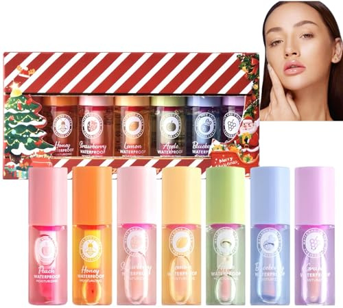 7PC Hydrating Lip Oil Set,Color Changing Lip Gloss&Lip Stain Kit with Extreme Lip Plumper,Long Lasting Lipstick,Waterproof Lip Tint in Red and Pink Shades,Moisturizing Lip Makeup Gift(Chrismas Box)