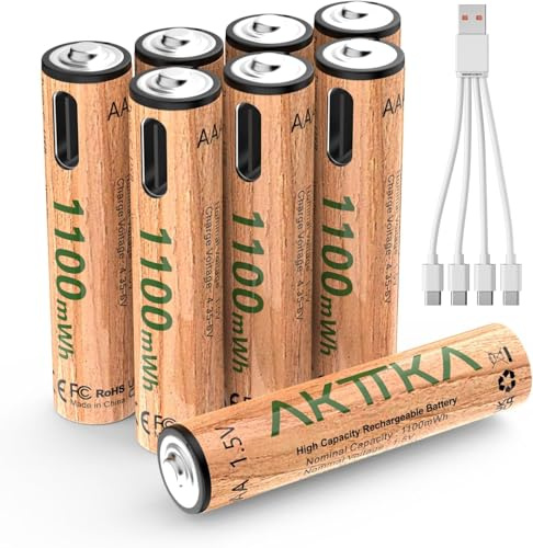 AKTTKA 8 batterie AAA ricaricabili al litio 1100 mWh, 1,5 V a tensione costante, con cavo USB-C 5V/2A 1‑vers‑4, per telecomandi, termometri, bilance