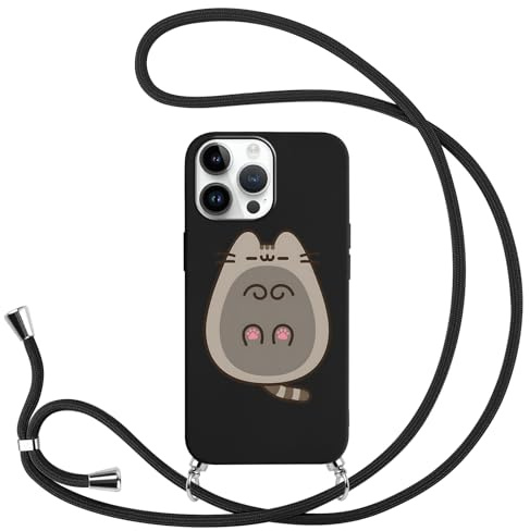 Stradvnaly Handyhülle Handykette für iPhone 12 Pro 6.1 Hülle mit Band, Cartoon Manga Katze Cat Cute Anime Muster Case mit zum Umhängen Kordel, Silikon Stoßfest Bumper Schutzhülle Cover, Cat