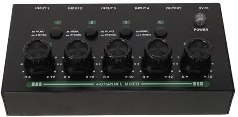Kleiner Aufnahmemixer 4-kanal Schwarz, Rauscharmer Submischer | Metall Kunststoff, Tragbares Design für Broadcasts und Podcasts, für Einsteiger und Profis