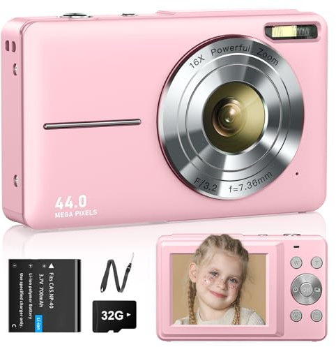 Digitalkamera Fotokamera 1080P 44MP Fotoapparat mit 32G Karte & Akku | 16X Digitalzoom Digitalkamera für Kinder Jugendliche Student Anfänger Rosa