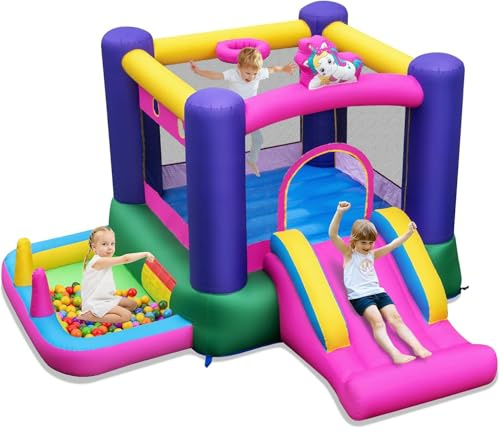 GYMAX Kids Bouncy Castle, Inflatable Jumping House with Slide, Ball Pit Area and Basketball Hoop, Children Bounce Playhouse for Outdoor Indoor (Unicorn without Blower)