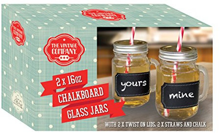 The Vintage Company Pack of 2 Clear Glass Mason Jars with Handles, Chalkboard Labels, Chalk, Lids and Straws, 10x7x13 cm