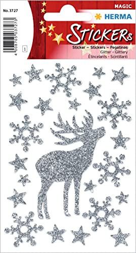 HERMA 3727 Aufkleber Hirsch Glitzer klein groß, 20 Stück, Weihnachten Sticker mit Sterne Schneeflocken Motiv, Kinder Etiketten für Weihnachtsdeko Geschenke Adventskalender Winter Dekoration Basteln