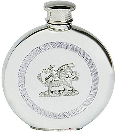 Pewter Hip Flask Welsh Dragon Round Flask 6oz Screw Top Cymru Y Ddraid Goch